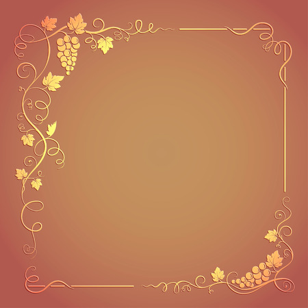 Decorative square frame with bunch of grapes, grape leaves, swirls on background. RGB color mode. Transparency effects. のイラスト素材