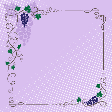 Decorative border with bunch of grapes, grape leaves, vines and swirls. Halftone background.のイラスト素材