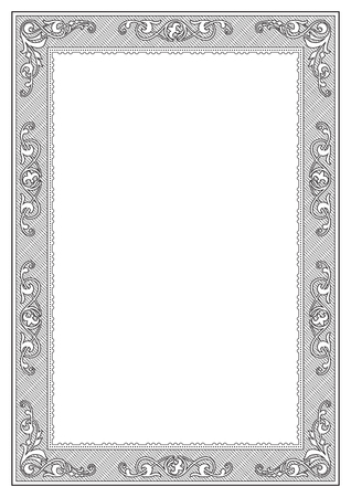 Black rectangular ornate framework, template for title page, page decoration. A4 page proportions.のイラスト素材