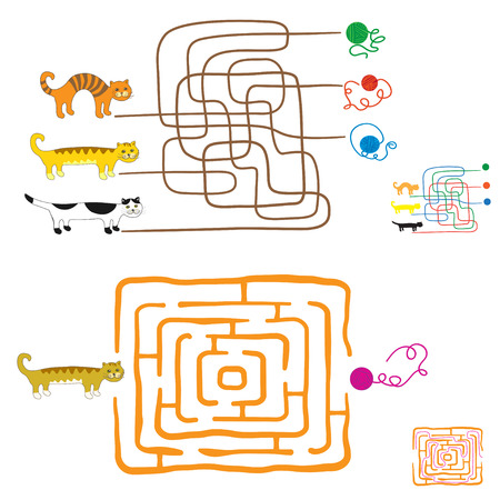 Maze games for preschoolers. Find the way or match elements. Funny kittens and balls of wool. Solutions are included.のイラスト素材
