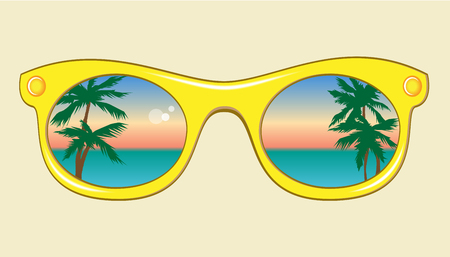 Yellow sunglasses with a reflection of the sea, sky and palm trees. Concept of travel, trip, vacation.のイラスト素材