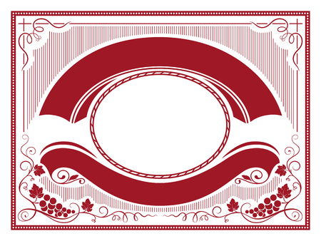 Ornate label with bunches of grape, banners, decorative corners and frames. Dark red and white colors.のイラスト素材