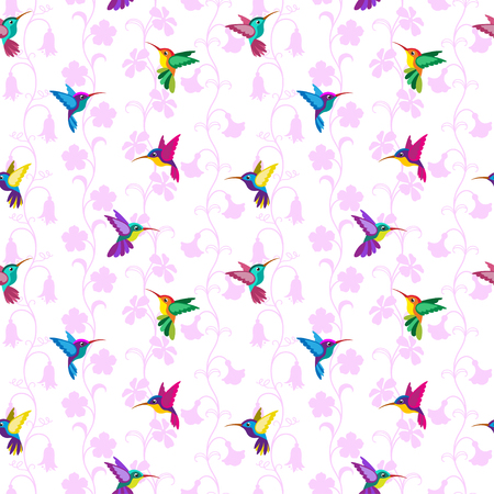Seamless pattern with hummingbirds and flowers. Separated white background.のイラスト素材