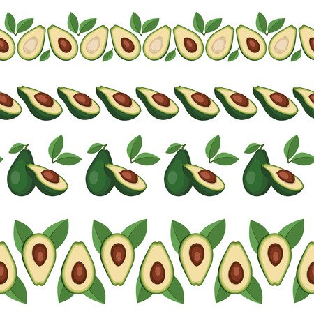 Seamless borders with avocado fruits and leaves.のイラスト素材