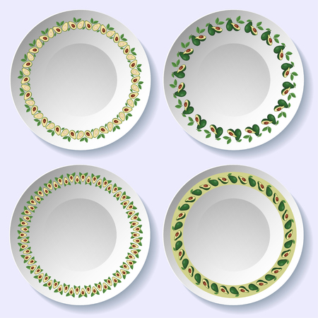 Seamless round frames with avocado fruits and leaves. Dinner plates decorations.のイラスト素材
