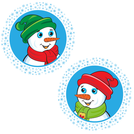 Two round icons of snowmen. Winter, Christmas and New year symbols. Round frames of snowflakes. Pattern brush is included.のイラスト素材