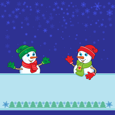 Two snowmen keeping a banner with copy place. For winter, christmas and new year cards or advertisements.のイラスト素材