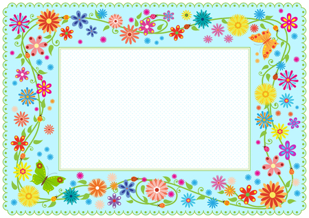 Summer framework with flowers and butterflies Template for card, diploma, certificate for kids. Pattern brush included in EPS file.のイラスト素材