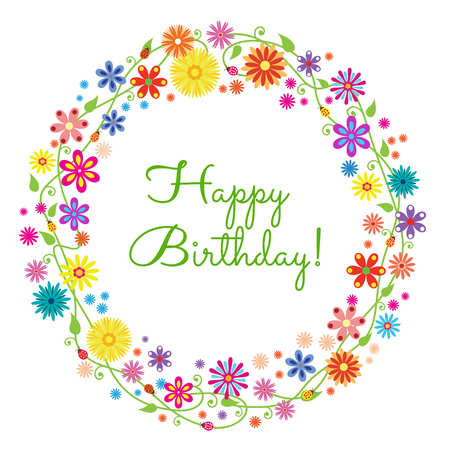 Ornate round summer framework formed of fancy flowers and butterflies. flowers, butterflies and ladybugs on stems. Happy Birthday card for kids.のイラスト素材