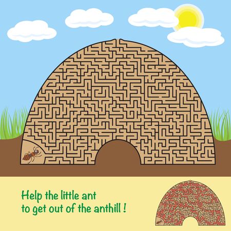 Maze game for kids and adults. Help the little ant to get out of the anthill. Solution is included.のイラスト素材