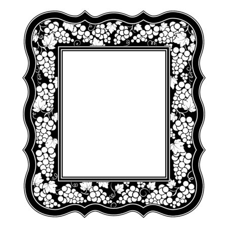 Decorative black and white framework with grapes and leaves. Imitation of carved frame.のイラスト素材