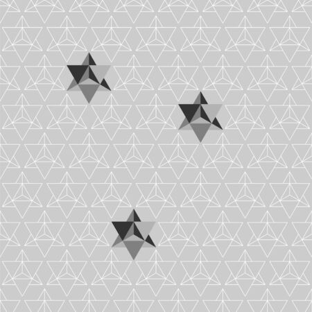 Seamless white and gray geometric pattern formed by Stellated Octahedrons, geometric shape also called the stella octangula. Sample is added to swatch panel. Three geometric shapes added above.のイラスト素材