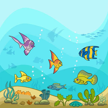 Cartoon sea illustration. Underwater ocean life, exotic fish, shells and water plants.のイラスト素材