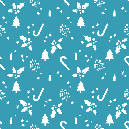 Seamless Christmas pattern. Candles, candy cane, stars, tree, berries. Background, packing material. Watch is included.のイラスト素材