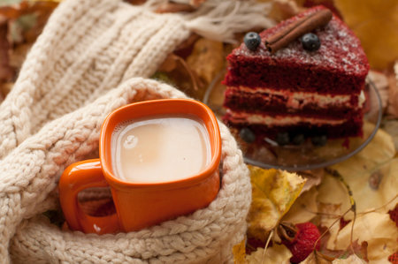 A bright and cozy autumn composition with an orange cup of milk tea, a beige knitted scarf, a piece of appetizing cake with blueberries, dry tree leaves, hips, chestnuts and cinnamon sticksの写真素材