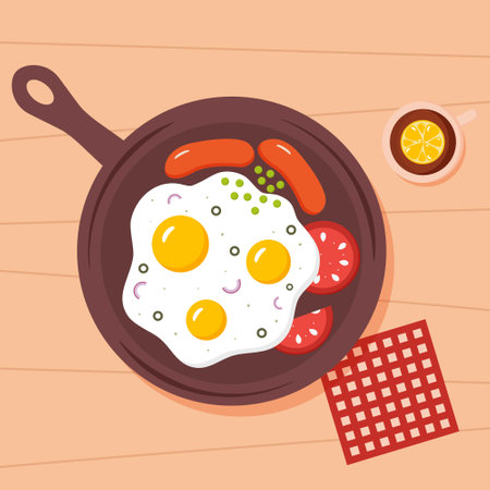 Fried eggs with sausages, tomatoes, onions and peasのイラスト素材
