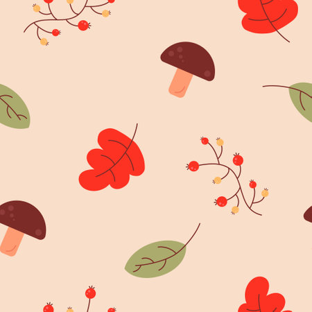 Simple autumn pattern with leaves and mushroomsのイラスト素材