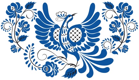 Russian national floral pattern - gzhel  Bird on the branch with leaves, swirls and flowers  のイラスト素材