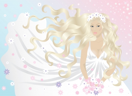 blonde woman bride with hair and dress flying in the wind and with a bouquet of flowers in her hands のイラスト素材