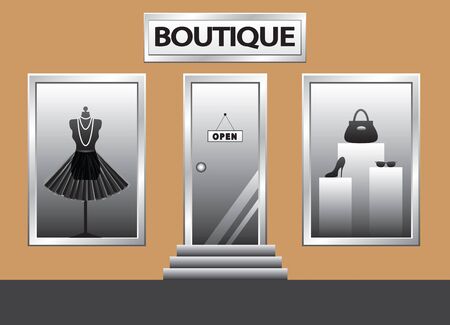 Boutique front  Exterior shop windows with mannequin, shoes, bag and glassesの写真素材