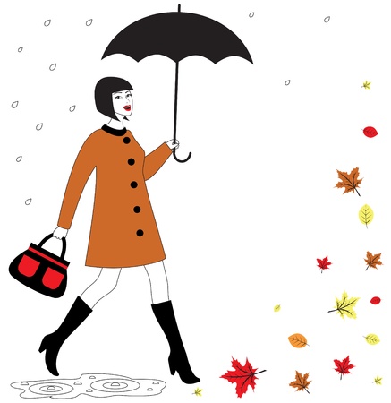 Fashionable beautiful happy woman with umbrella walking in the rain  Autumn leaves falling in the windのイラスト素材