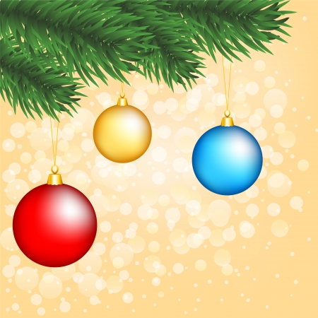 christmas tree branch with baubles on shiny gold backgroundのイラスト素材