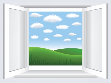 Room, opened window with empty space in blue sky, clouds and green hiilのイラスト素材