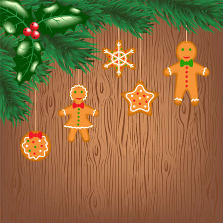 Gingerbread cookies hanging on Christmas tree branches with Holly berries on Wood background  のイラスト素材
