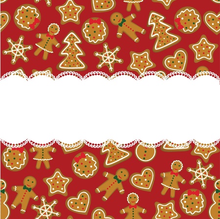 Christmascard with red background and cookiesのイラスト素材