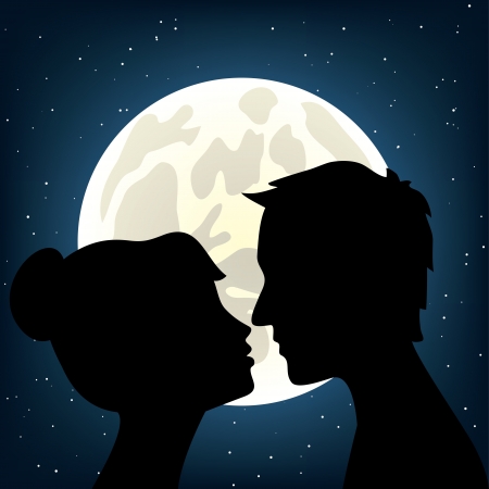 Man and woman kissing a moonlit nightのイラスト素材