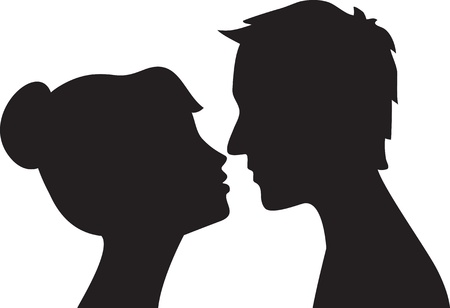 Silhouette of man and woman head profile   Couple kissingのイラスト素材