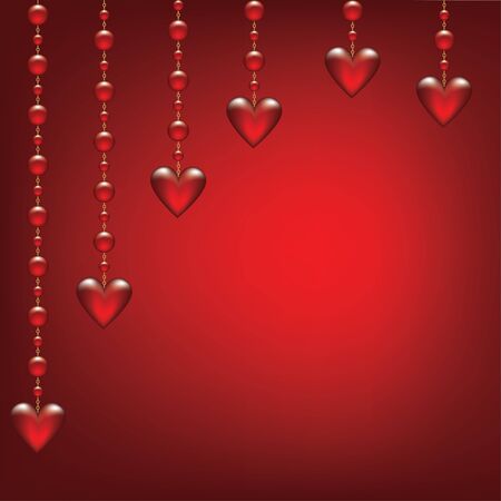 Valentines day card with hanging transparent hearted on red backgroundのイラスト素材