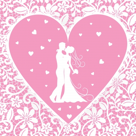 Wedding card with kissing groom and bride on lace backgroundのイラスト素材