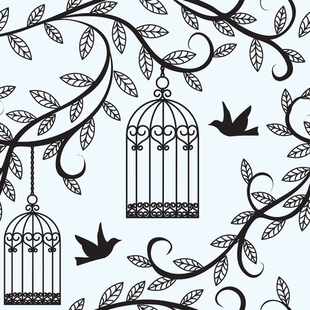 Seamless background with branch of tree silhouette, birds flying and cageのイラスト素材
