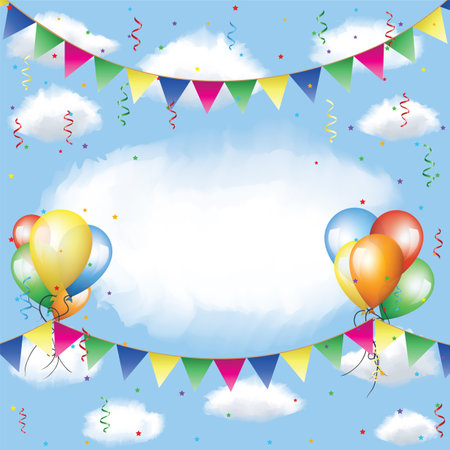 Banting, balloons, serpentine and confetti in sky with cloudsのイラスト素材
