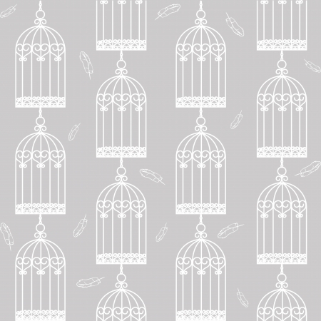Gray seamless background with birdcages and feathersのイラスト素材