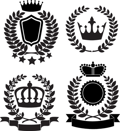 Black silhouettes of award lable with crown, laurel wreath and ribbonのイラスト素材