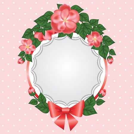 Vintage invitation or greeting card with lace and rose on pink polka dot backgroundのイラスト素材