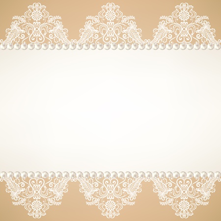 Template for wedding, invitation or greeting card with lace fabric background with pearlsのイラスト素材