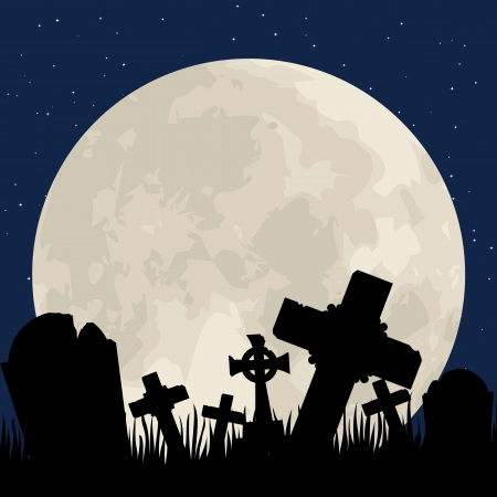 Spooky Halloween cemetery with graveyard and moonのイラスト素材
