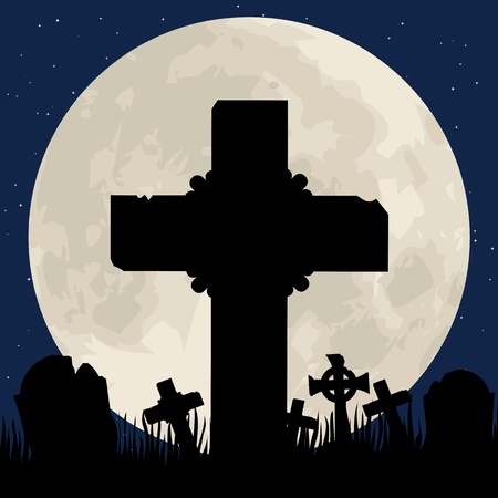 Spooky Halloween cemetery with graveyard and moonのイラスト素材
