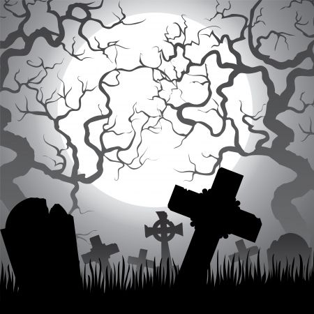 Spooky Halloween cemetery with graveyard, trees, fog and moonのイラスト素材