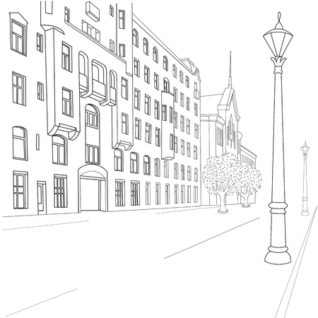  Outline sketch of european city streetのイラスト素材