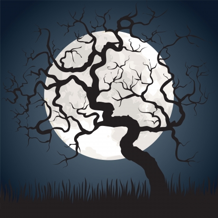 Halloween spooky scary  background with full moon and gnarled treeのイラスト素材