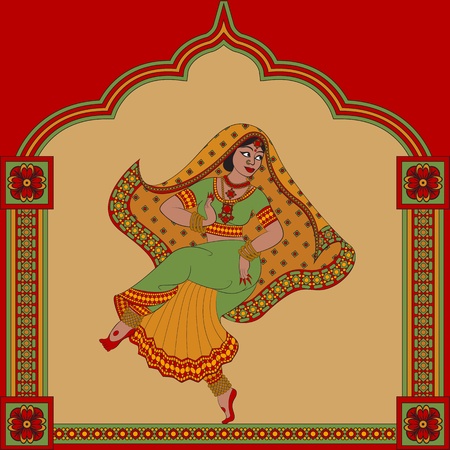 Background with Indian woman dancer dancing and pattern frameのイラスト素材