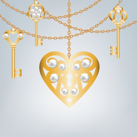 gold skeleton key and lock shaped heartのイラスト素材