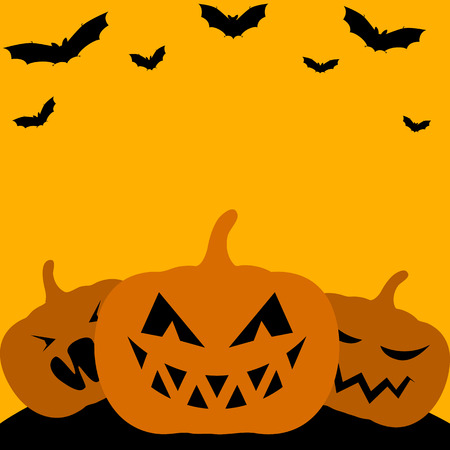 Halloween card with pumpkins and bats on yellow backgroundのイラスト素材