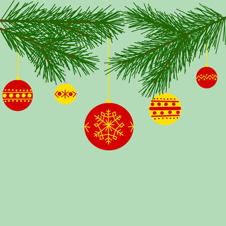 Tree branch with hanging Christmas balls on green backgroundのイラスト素材