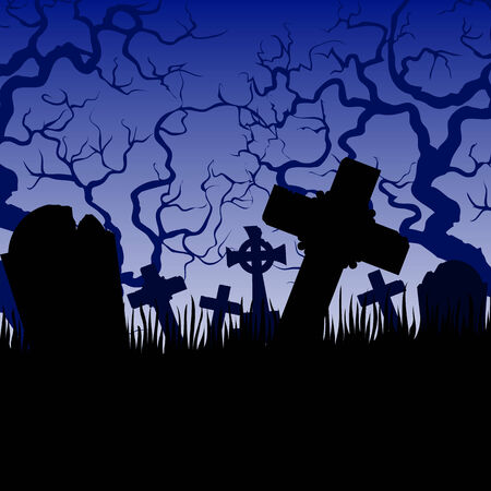 Halloween card with tombs and trees in old cemeteryのイラスト素材