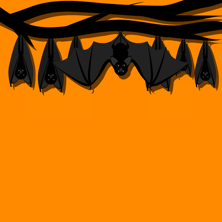 Hanging bats on branch of tree. Halloween cardのイラスト素材